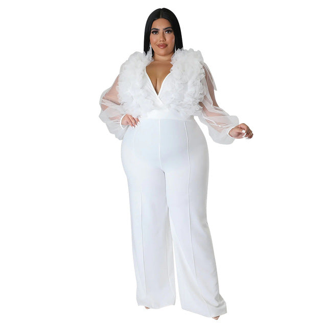 Plus Size Mesh Jumpsuit with Ruffles and Deep V Neck