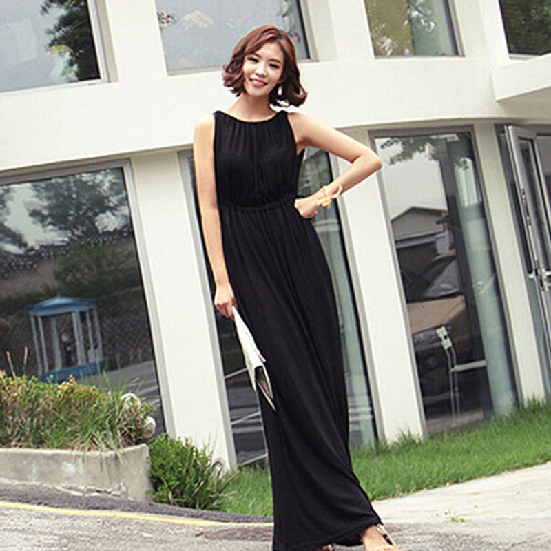 High-Waisted Sleeveless Maxi Dress with Drawstring