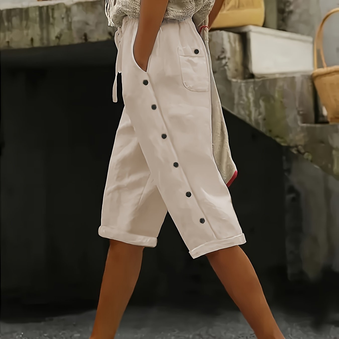 Plus Size Women's Casual Button Pants with Pockets