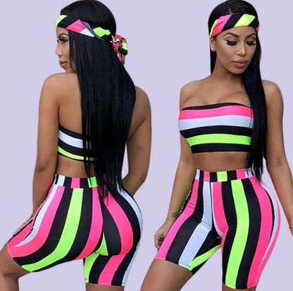 Colorful Striped Crop Top and Shorts Set
