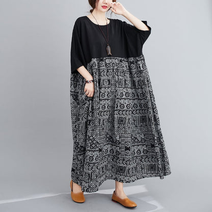 Color block Cotton Linen Short Sleeve Dress Plus Size