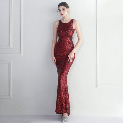Long Sequin Evening Dress with Backless Design