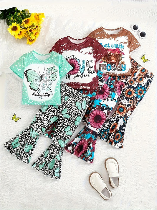 Floral Leopard Print Butterfly 'LOVE' Letter Graphic Short-Sleeve T-Shirt and Flared Long Pants