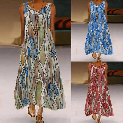 Printed Pocket Round Neck Long Skirt for Women
