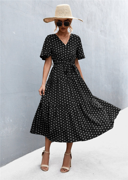 Women's V-Neck Polka Dot Floral Tie Dress