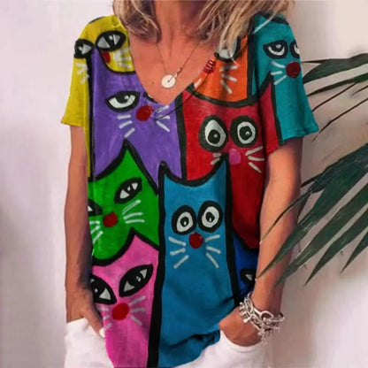 Sommerliches Damen-V-Ausschnitt-T-Shirt mit 3D-Druck