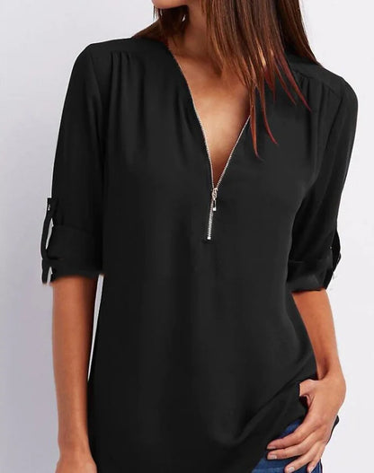 Plus Size V-Neck Long Sleeve Zip Chiffon Shirt