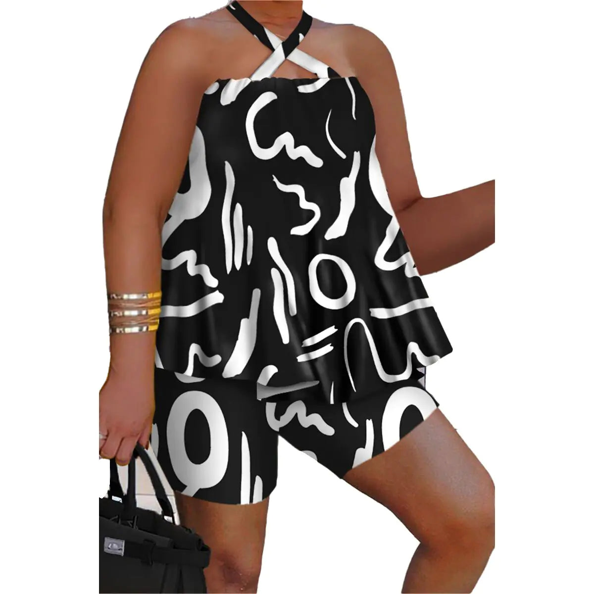 Plus Size Women's Graffiti Print Halter Top & Shorts Set