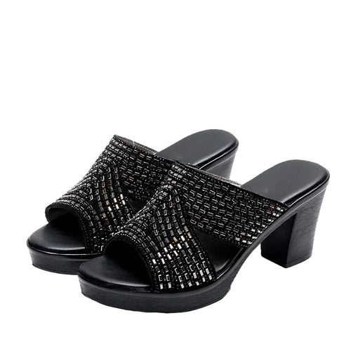 Rhinestone Platform Thick Heel High Heels