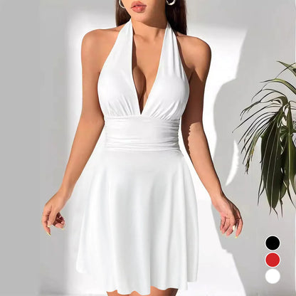 V-Neck Lace-Up Pleated Mini Dress