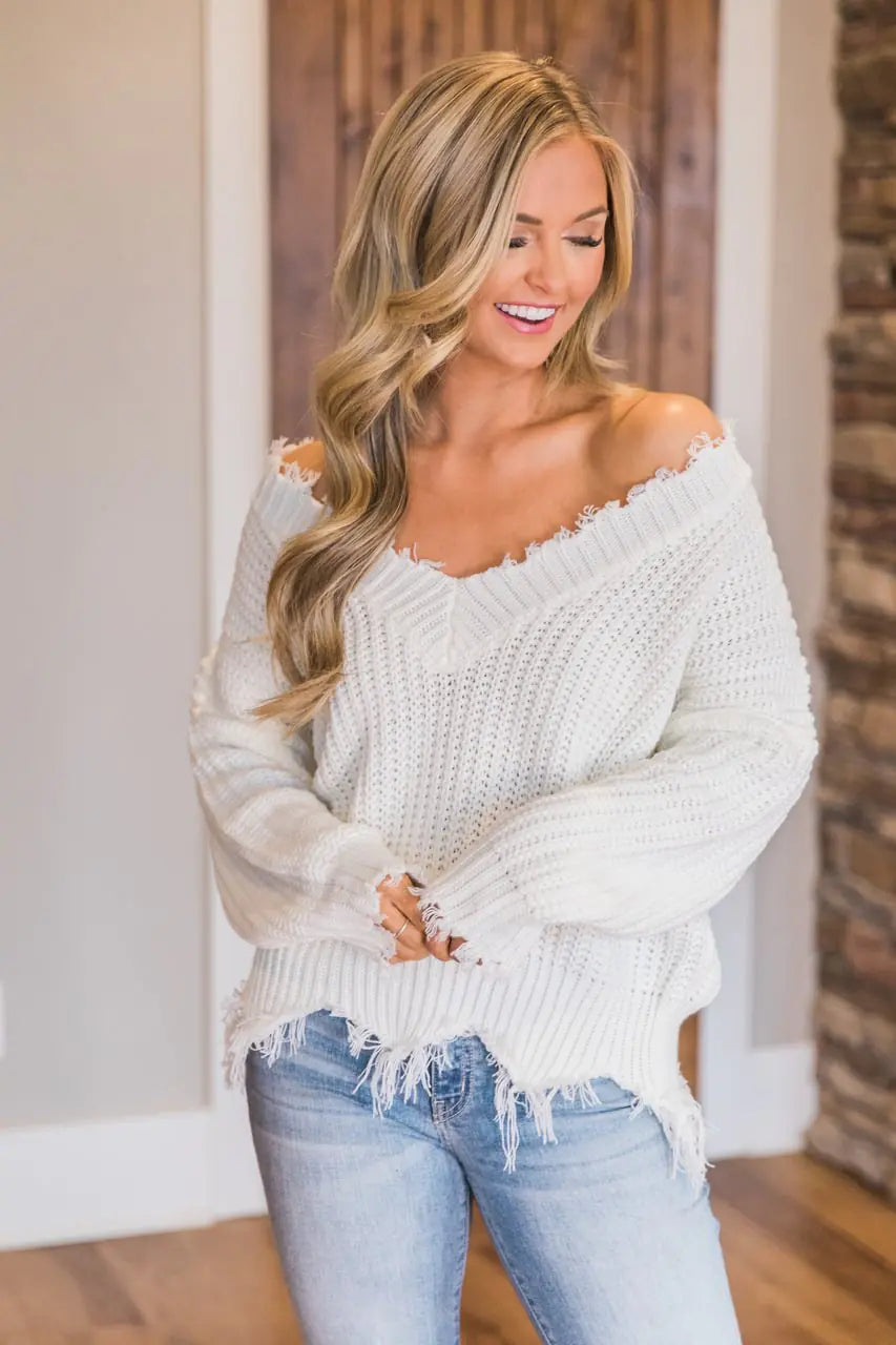 Irregular V-Neck Loose Knit Sweater for Women