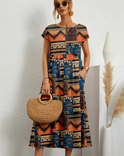 Loose Cotton Linen Sleeveless Printed Summer Dress