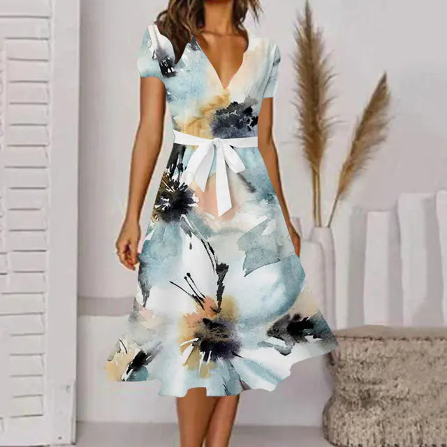 Fashionable Sexy V-Neck A-Line Dress with Belted Waist