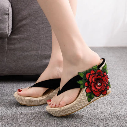 Embroidered Floral Platform Roman Wedge Sandals