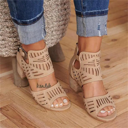 Cutout Floral Chunky Heels Women's Sandals