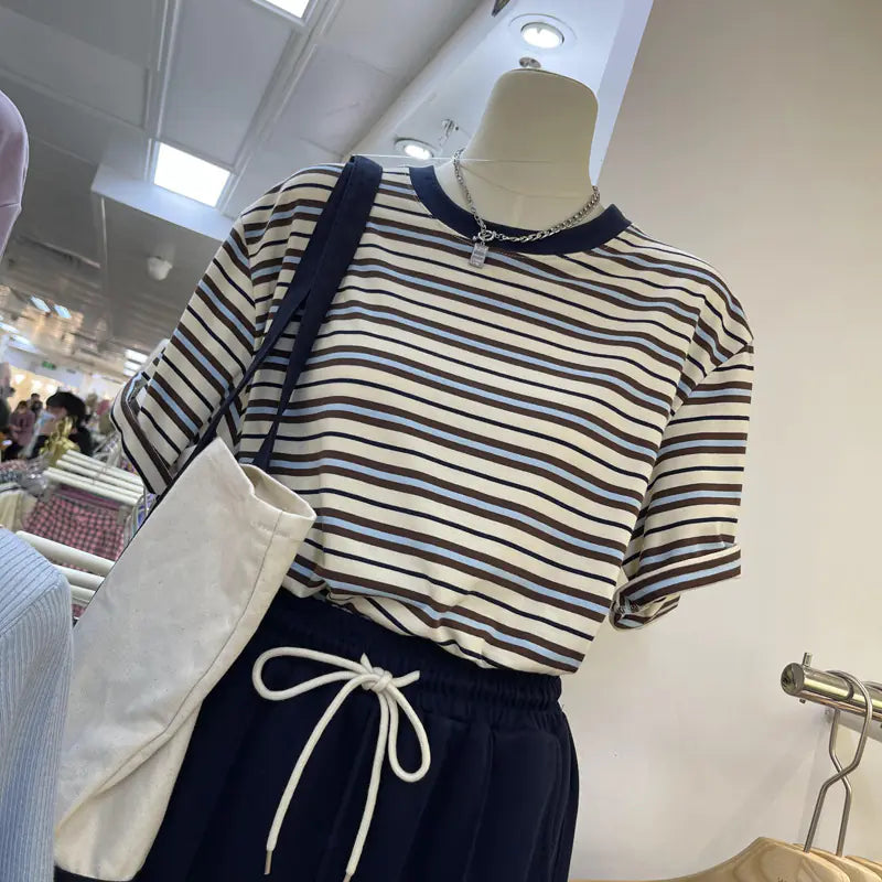 Casual Striped Cotton Embroidered T-Shirt for Women