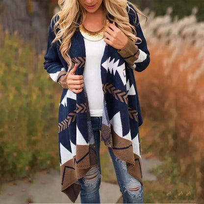 Geometric Print Long Knit Cardigan for Women