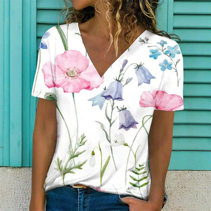 Women's V-Neck Short Sleeve Flower Print T-Shirt