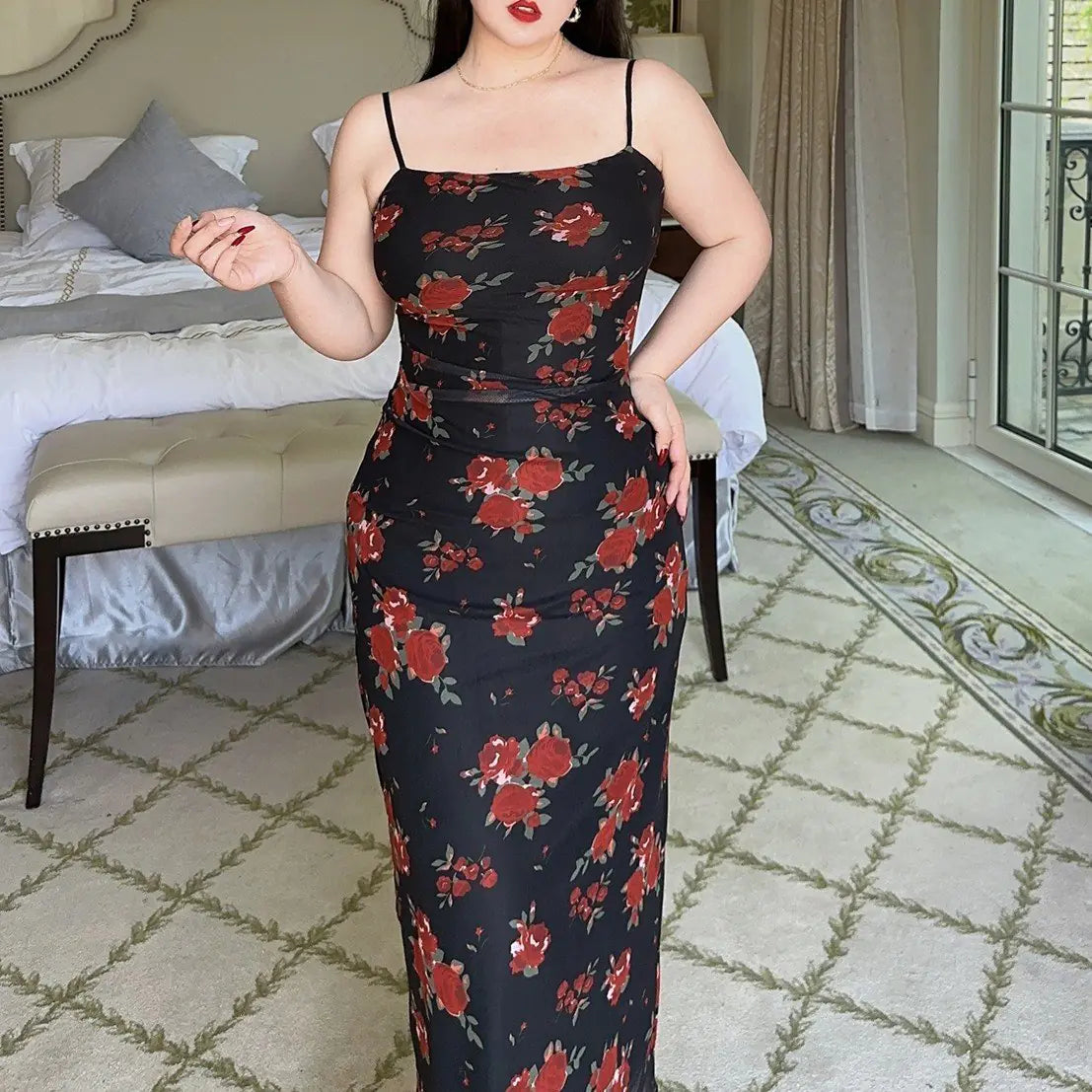 French Rose Mesh Hanging Dress