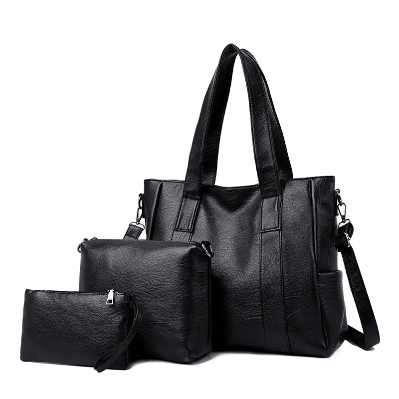 Classic Solid Color Faux Leather Bag Set (Large Capacity)