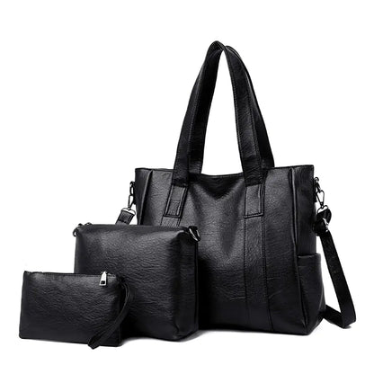 Classic Solid Color Faux Leather Bag Set (Large Capacity)