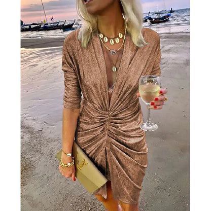 V-neck Pleated Long Sleeve Dress for Spring/Summer