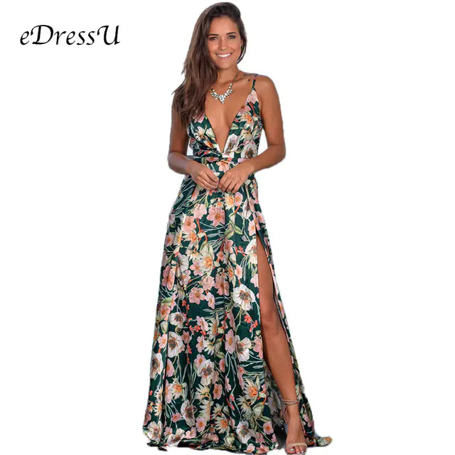 Damen Maxi-Kleid mit hohem Schlitz, ärmellos, V-Ausschnitt, Sommerkleid