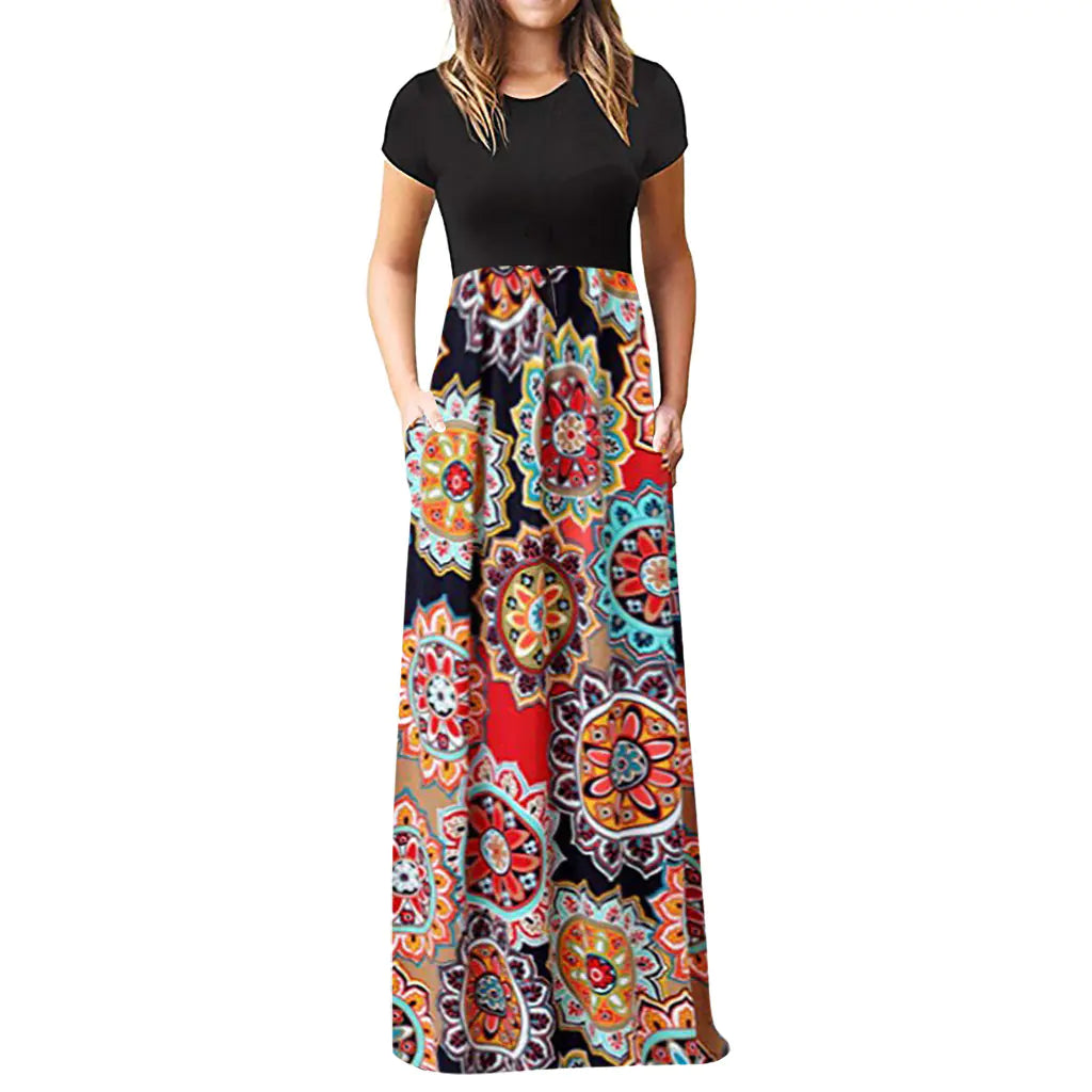 Short Sleeve Printed Long Skirt Dress