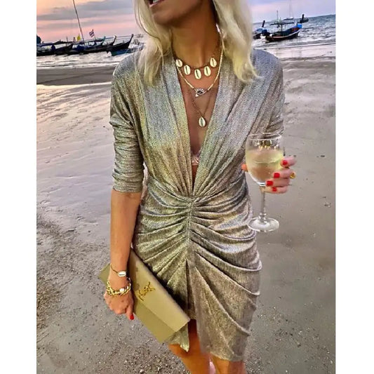 V-neck Pleated Long Sleeve Dress for Spring/Summer