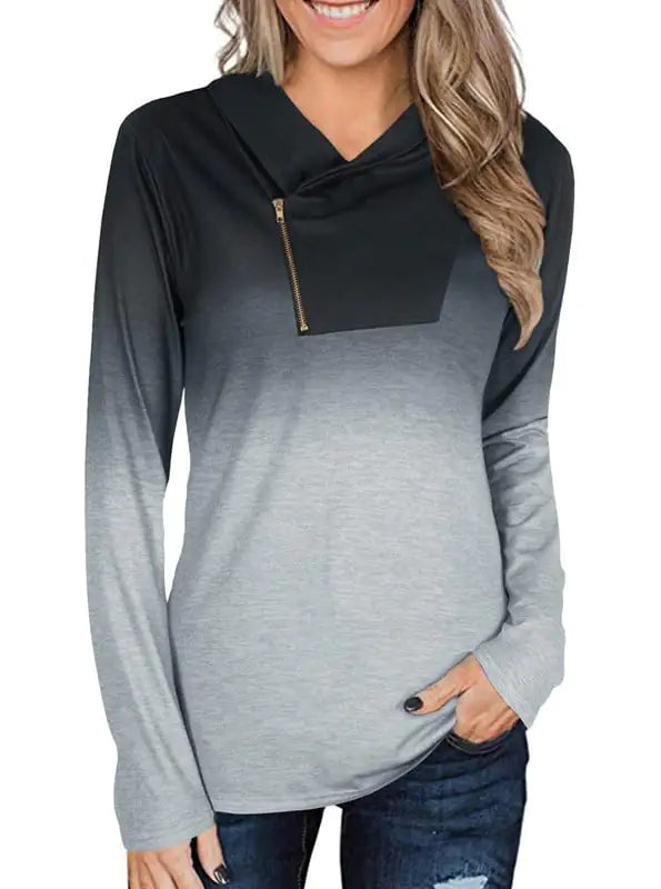 V-neck Zipper Print Gradient Long Sleeve T-shirt