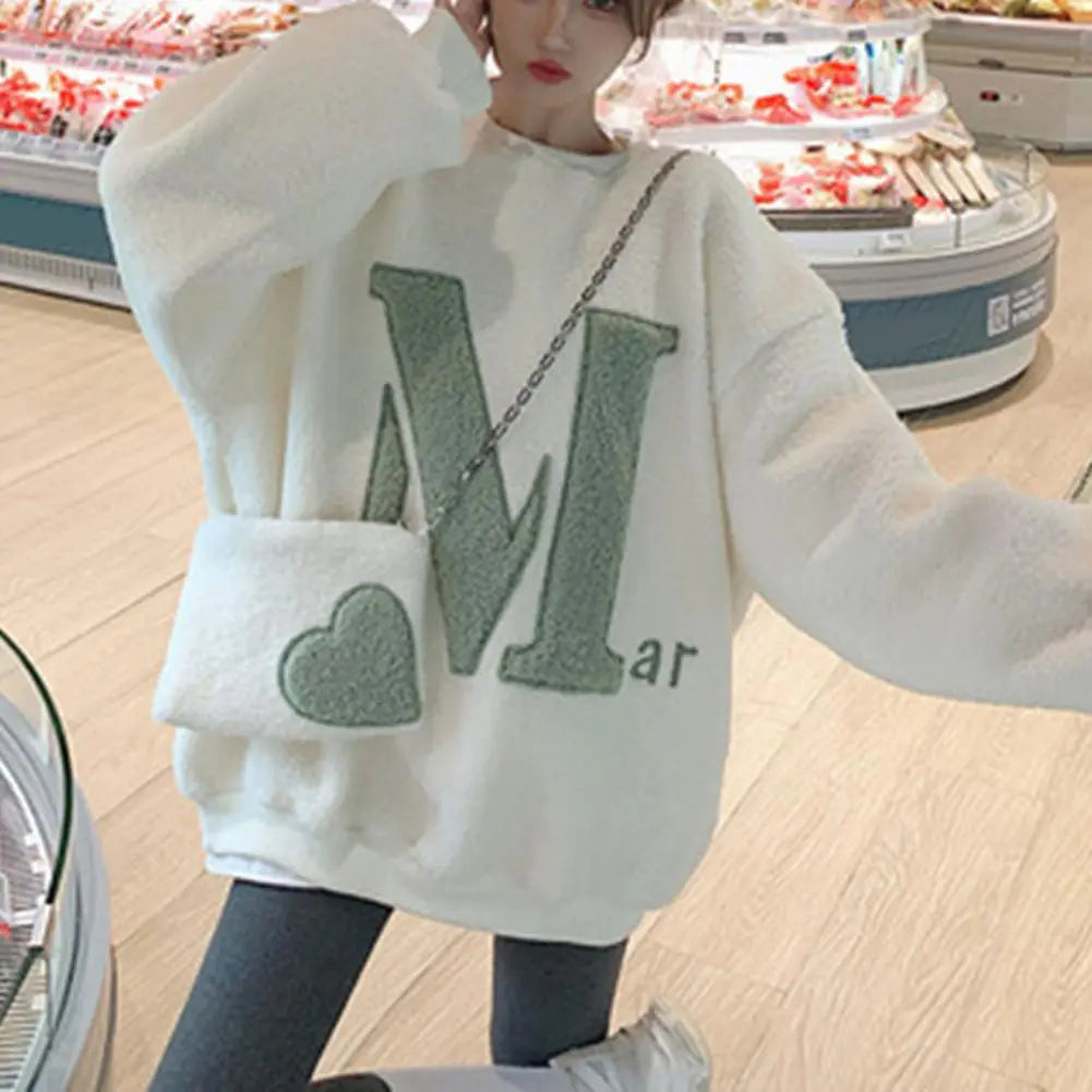 Women's Thick Plush Letter Sweatshirt with Crossbody Bag