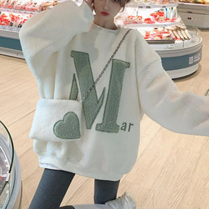 Women's Thick Plush Letter Sweatshirt with Crossbody Bag