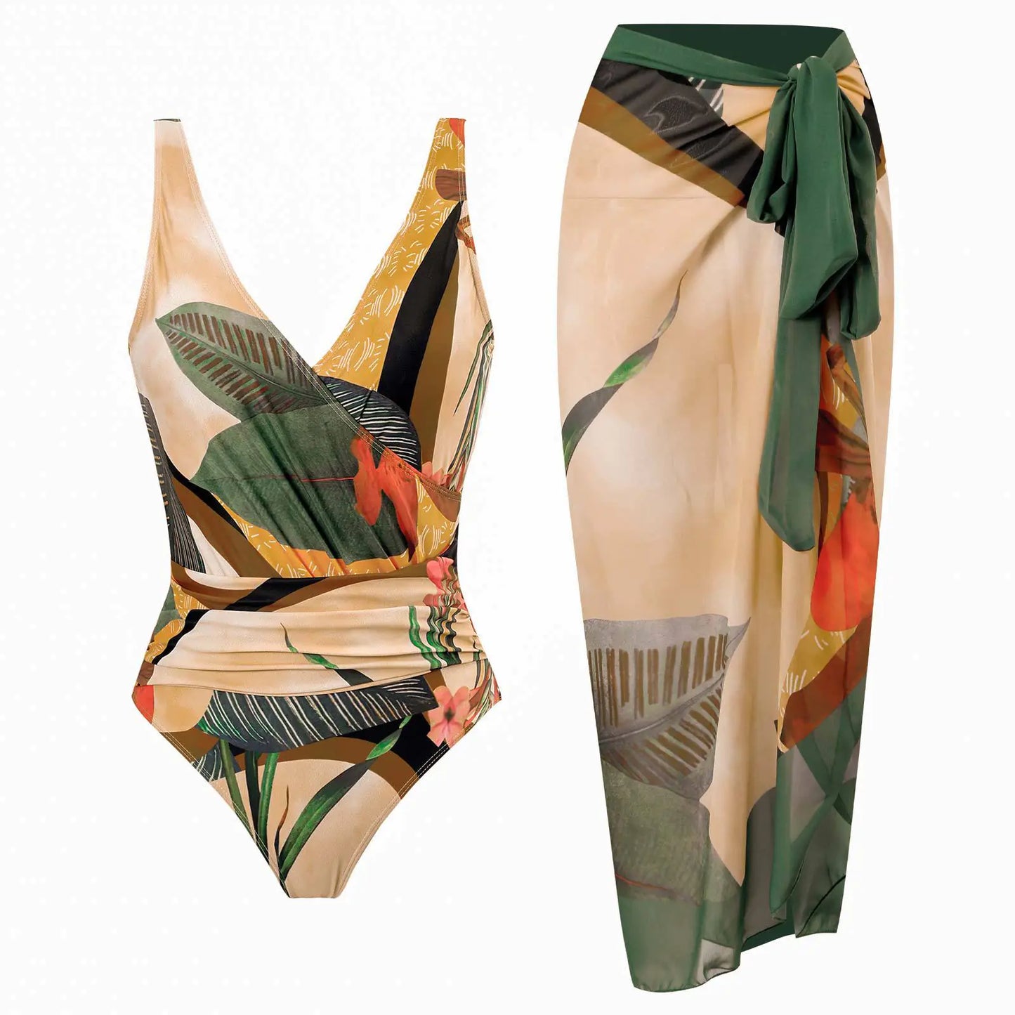 Plus Size Backless Swimsuit with Chiffon Beach Skirt