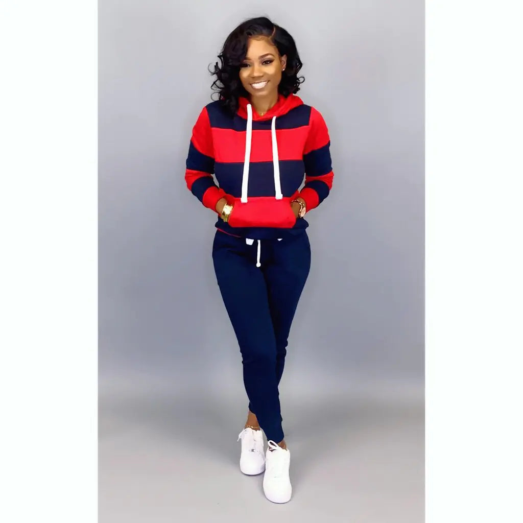 Striped Hooded Sweatshirt and Pants Set for Women