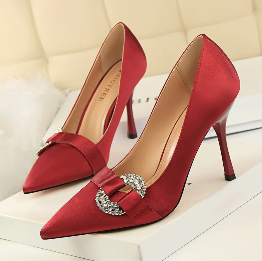 Satin Pointed Toe High Heel Shoes with Rhinestone Buckle - Trendy Attic Store01
