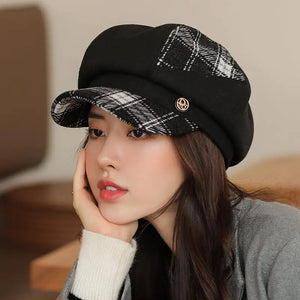 Gorra de invierno con visera para mujer con estampado de cuadros británicos