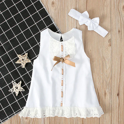 2pcs Set Baby Girl's Summer Dress with Bow Headband
