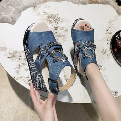 Women's Denim Wedge Sandals with Thick Sole and Buckle