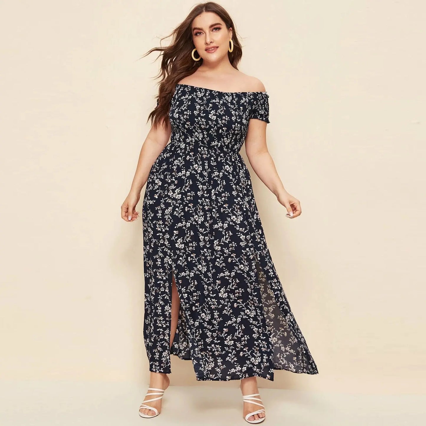 Plus Size Floral Print Off-Shoulder Summer Dress