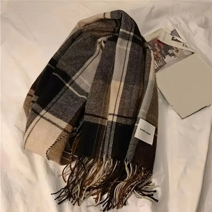 Versatile Retro Plaid Scarf with Tassels for Women