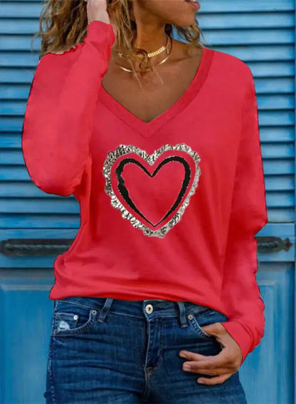 Heart Pattern V-neck Long-sleeve Women's T-shirt