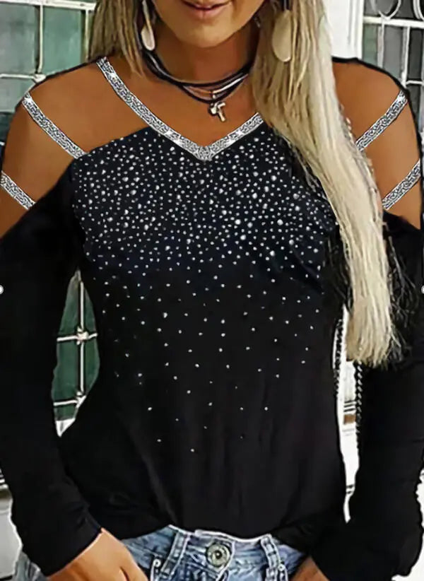 Multicolor Women's Long Sleeve V-Neck Rhinestone Top