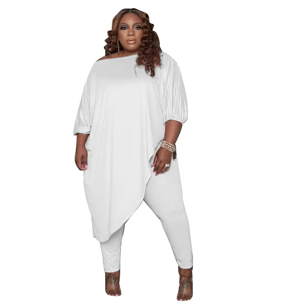 Plus Size Casual Two-Piece Outfit with Lantern Sleeves