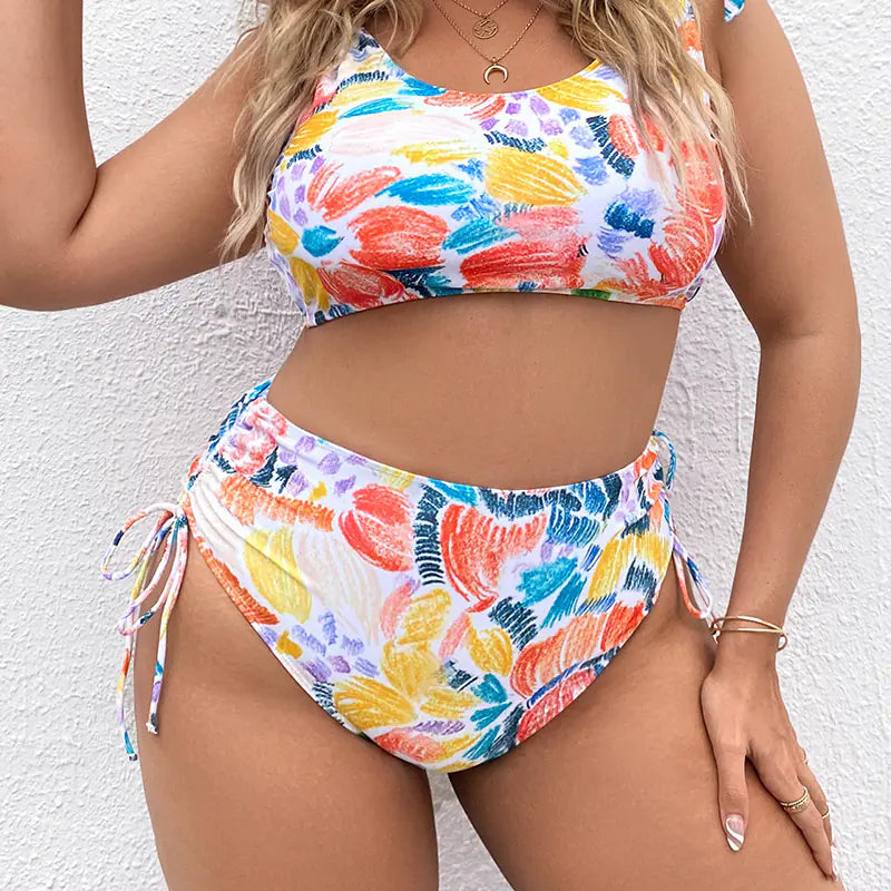 Plus Size Two-Piece Swimsuit with Strap, Graffiti Print