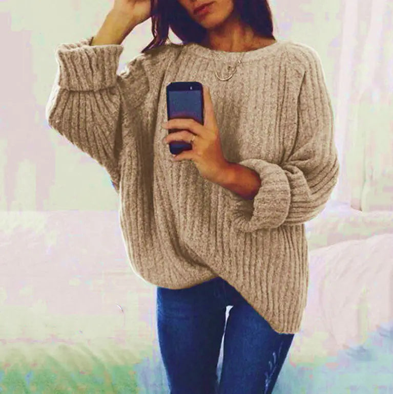 Women's Solid Color Round Neck Sweater Top - Trendy Attic Store01
