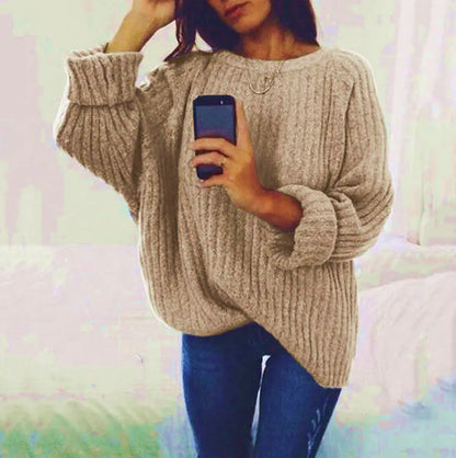 Women's Solid Color Round Neck Sweater Top - Trendy Attic Store01