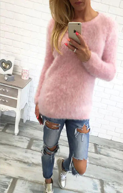 Round Neck Sweater, Long Sleeve Plush Top