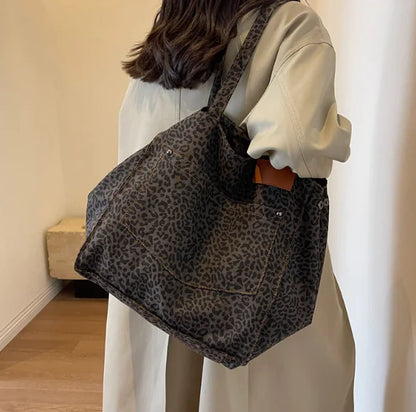 Leopard Print Large Capacity Canvas Tote Handbag
