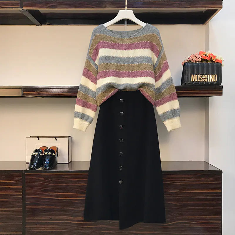 Plus Size Striped Sweater and Skirt Two-Piece Set