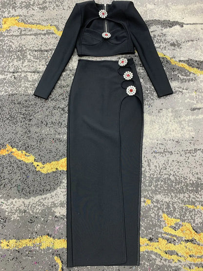 Hollow Diamond Long Sleeve Dress with Side Slit